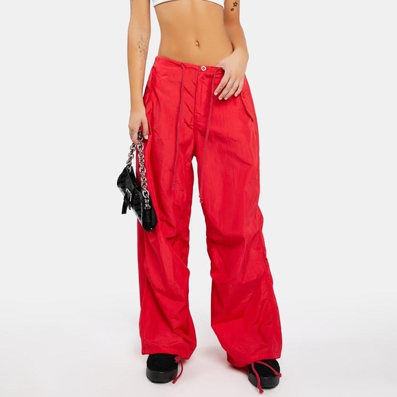 Edikted Pants - Edikted Red Rian Nylon Cargo Pants Size M/L - Dolls Kill